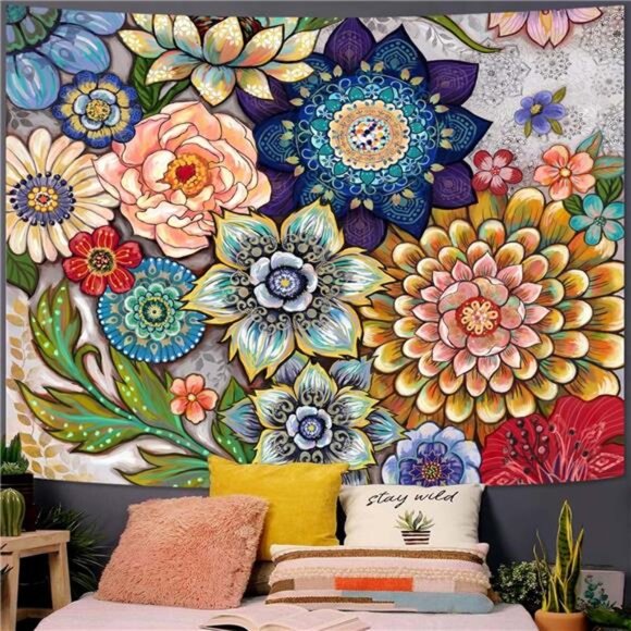 Colorful Floral Tapestry Wall hanging, Bright Boho Fabric Blossom Tapestries - Picture 4 of 8